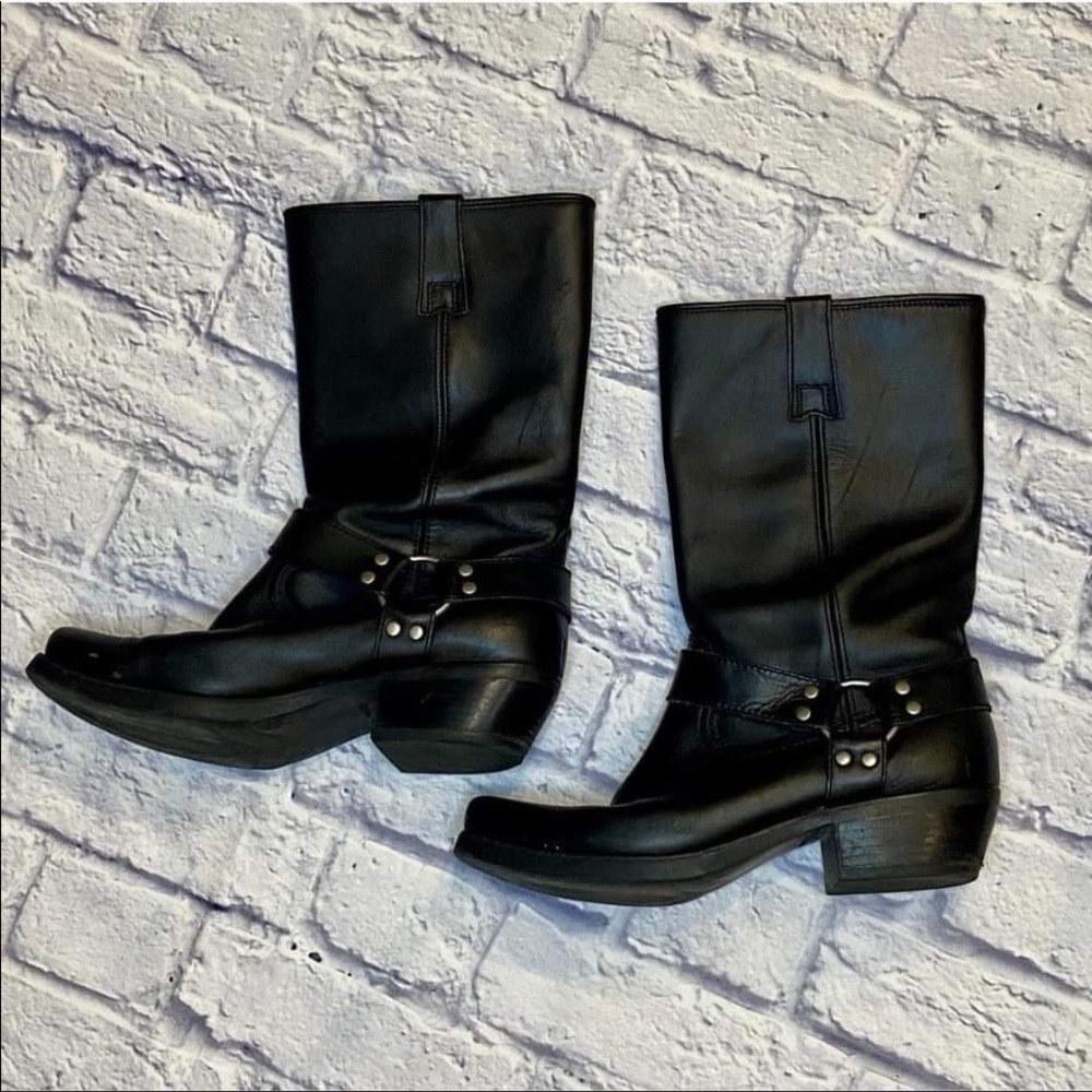 Black leather harness motorcycle boots with silver hardware